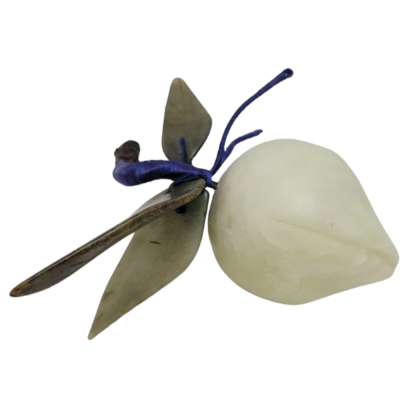Jade Pear With Forest Green Leaves And Blue Silk Stem  Carved Fruit Decor - Picture 6 of 12